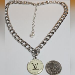 LV Trunks&Bags White Enamel Silver Pedant, Cuban Chain Necklace